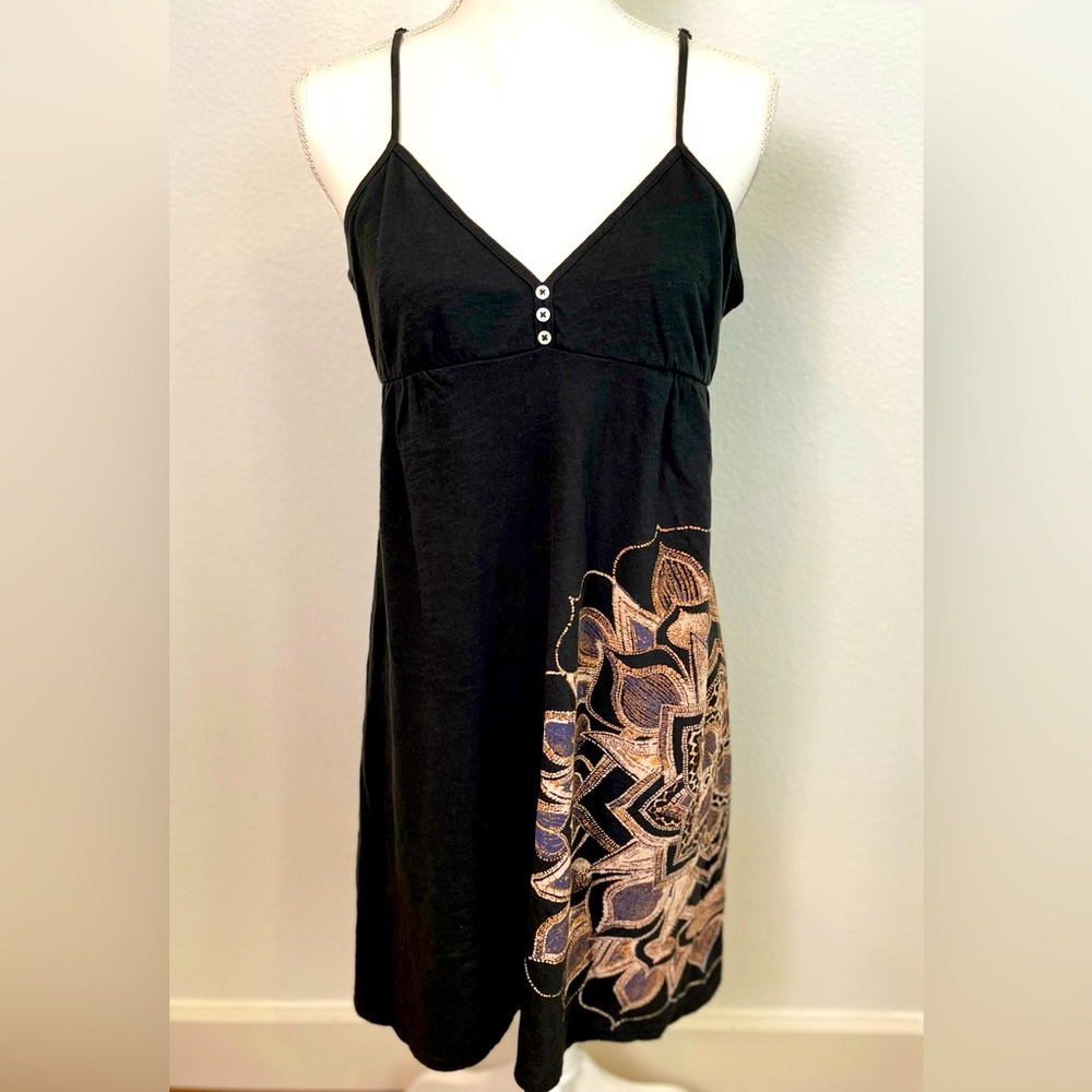 Lucky Brand Black Slip Dress with Metallic Floral Accent